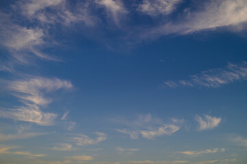 Obraz premium Delicate wisps of clouds dance against a serene blue sky at twilight, creating a tranquil evening atmosphere