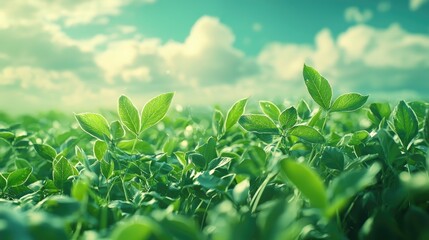 Fototapeta premium A field of green plants with a bright blue sky and white clouds in the background.