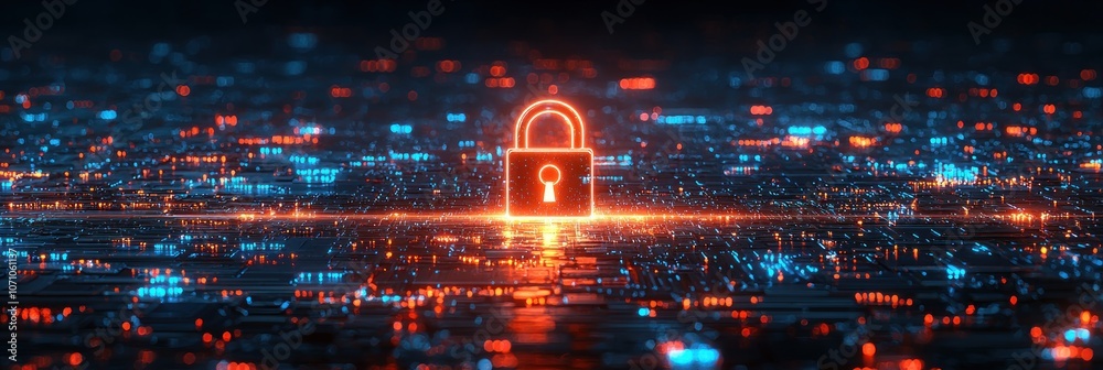 Poster glowing neon lock symbol over abstract circuit board background
