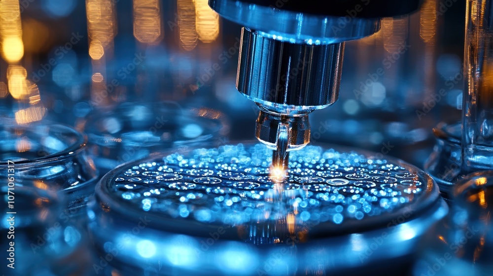 Poster close-up of a metal drill bit pointing downward at a shiny surface with blue and yellow bokeh lights