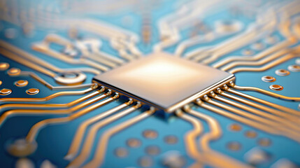 A detailed closeup of a circuit board, showcasing its intricate design, highlighted against a sleek blue and gray backdrop.