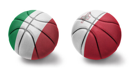 basketball balls with the national flags of malta and italy on the white background.