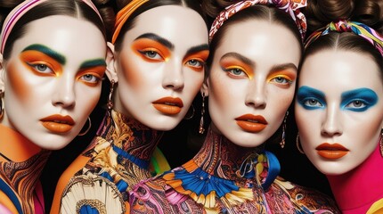 Obraz premium Vibrant fashion models showcase bold makeup and colorful outfits in a dynamic display of creativity and style during a studio photoshoot
