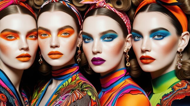 Colorful makeup artistry showcase featuring four models posing together in vibrant outfits at a fashion event