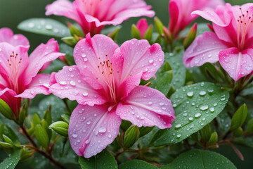 a beautiful cluster of pink azaleas, their petals glistening with morning dew.