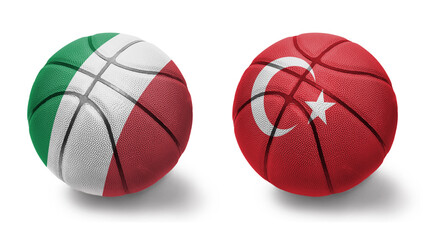 basketball balls with the national flags of turkey and italy on the white background.