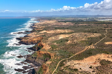 Aerial panoramic view of the Rota Vicentina or Fishermens, Fisherman, Trail. Almograve, Portugal