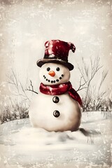 Fototapeta premium Whimsical Snowman Illustration with Striped Hat and Scarf in Wintery Scene Background – Charming Holiday Artwork for Christmas and Winter Season Decor