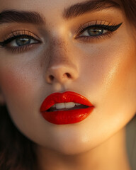 A close-up of a woman's face with bright red lipstick and dramatic eyeliner