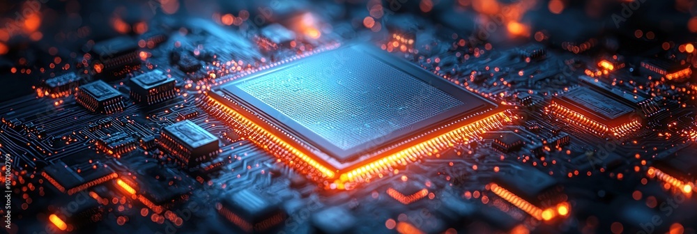 Aufkleber Illuminated Microchip on a Motherboard with Glowing Circuitry