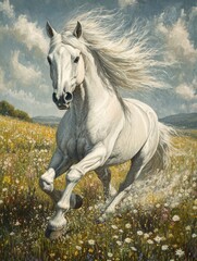 Fototapeta premium Majestic Freedom: A White Stallion Galloping ThroughVibrant Wildflower Field