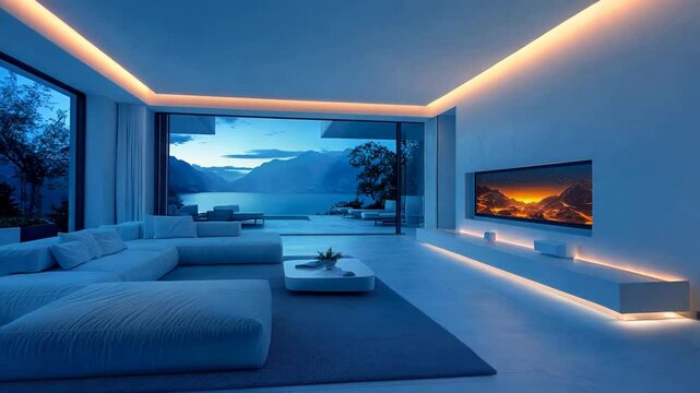 Modern Living Room with Mountain Views and Minimalist Decor