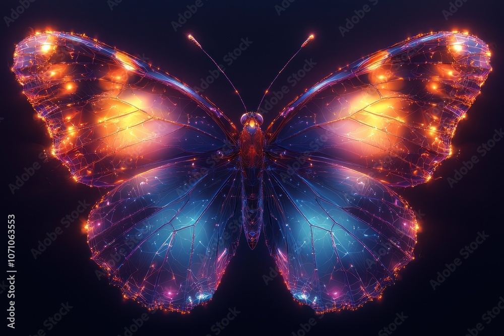 Poster glowing neon butterfly with intricate wing patterns