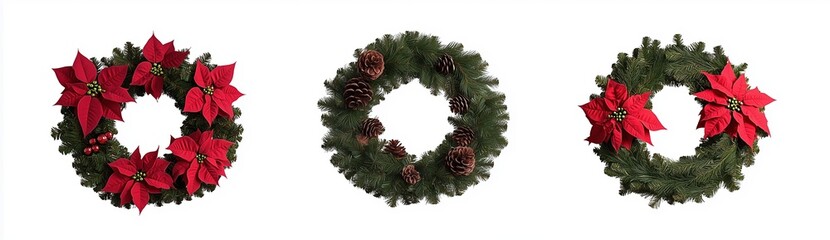 Beautiful holiday wreaths decorated with poinsettias and pinecones on a white background