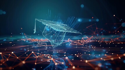 Digital Graduation Cap Floating Above Abstract Network