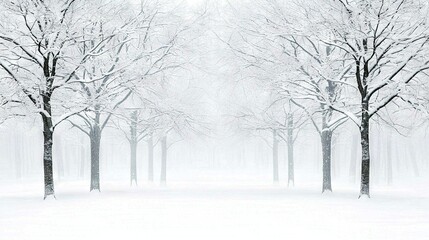   A cluster of trees shrouded in snow abuts a dense woodland brimming with numerous trees cloaked in snow, all on a misty day