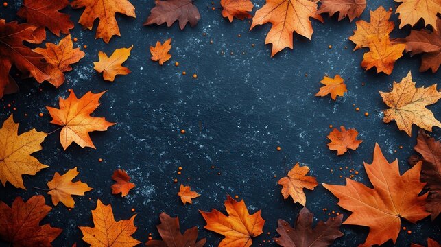 Create a beautiful autumn invitation card with a flat layout featuring a vibrant border of colorful fall leaves for Thanksgiving celebrations