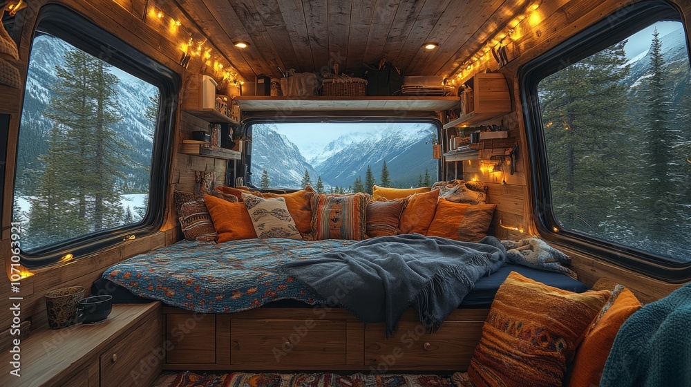 Poster a beautifully designed van interior features a cozy bed with colorful cushions and warm string light