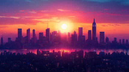 Fototapeta premium Futuristic cyberpunk city skyline illuminated at dusk with vibrant neon lights and holograms