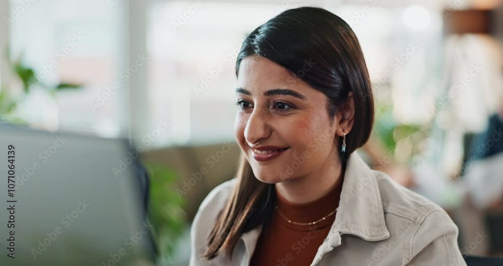 Poster Computer, face and happy with business woman in office for administration, report or research. Programming, smile and reading with design employee in creative workplace for online web development