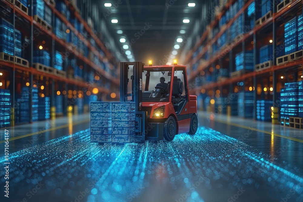 Poster a red forklift moving through a warehouse with blue digital data streaming behind it