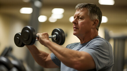 A mature man lifting weights in a gym, staying strong and healthy in his golden years
