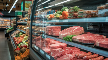 A meat display in a grocery store with a variety of meats and vegetables. Scene is inviting and appetizing