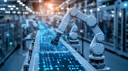 Fototapeta premium Robotic arms assembling smartphones in a high-tech factory setting