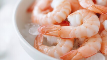 Fresh raw shrimp served on ice in a white plate, captured in a close-up view using a mirrorless camera