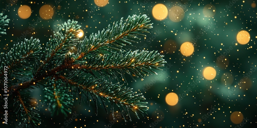 Poster Close-up of a Pine Branch with Golden Lights and a Glittering Background