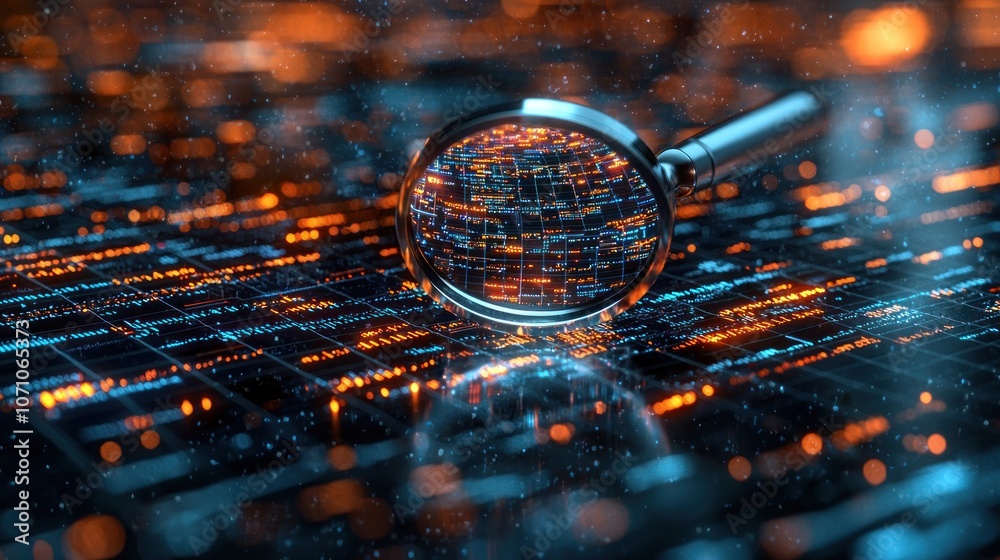 Poster Magnifying Glass Enlarging Digital Code with Bokeh Lights