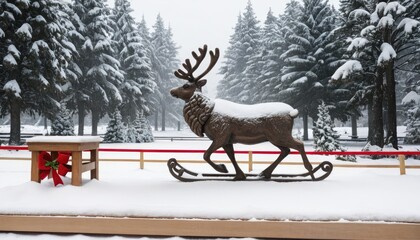 Wooden Reindeer Statue in Snowy Forest