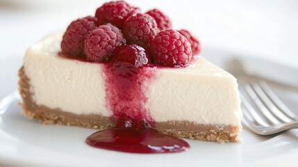 Delicious slice of creamy white chocolate raspberry cheesecake with fresh raspberries and pink sauce on porcelain plate