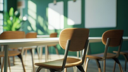 Spacious and Modern Empty Classroom with Wooden Chairs