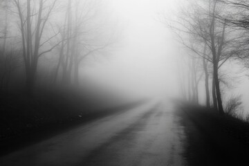 Obraz premium Abandoned Road Through Fog: A long, empty road disappearing into thick fog