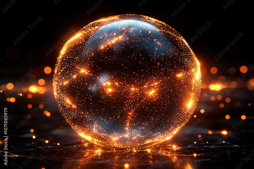 Aufkleber Glowing Orange Sphere with Particle Trails on a Black Background