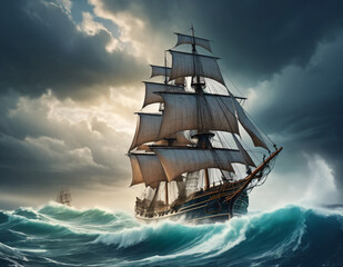 Detailed and realistic image of a sailing ship in a stormy sea, with a dramatic cloudy sky, breaking waves, realistic lighting and beautiful colors, conveying a cinematic and masterful atmosphere