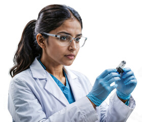 Young female Indian scientist wearing lab coat and goggles doing scientific research, woman holding test tube, examining medical sample or doing experiment, isolated on white or transparent background