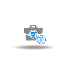 Vector illustration of briefcase with shield, check mark and clipboard with document form. Symbol of insurance contract.