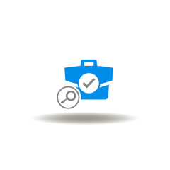 Vector illustration of briefcase with check mark and magnifier. Symbol of job search.