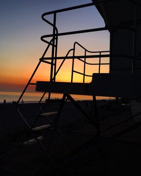 Beach Sunset with Life Guard Tower Silhouette