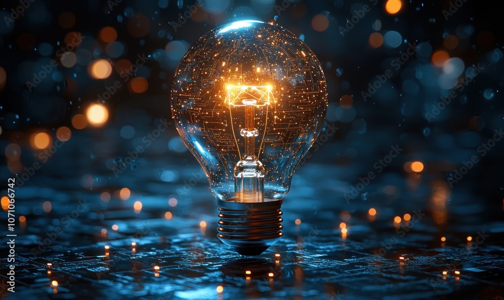 Aufkleber A glowing lightbulb with intricate circuitry inside, illuminating a dark surface with glowing points of light.