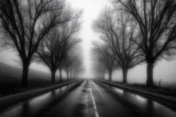 Obraz premium Abandoned Road Through Fog: A long, empty road disappearing into thick fog
