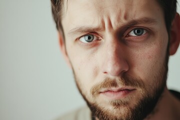 Fototapeta premium A 30 year old European man gazes at the camera in a close up His portrait captures sadness showcasing a tired serious young adult in a bad mood against a white background