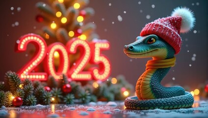Fototapeta premium A festive snake welcomes the New Year 2025 with a cozy hat and holiday decorations in a winter wonderland setting
