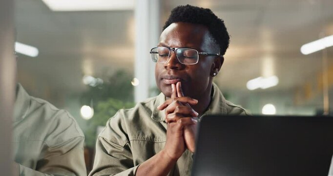 Office, night and black man with thinking for laptop, news story and publication with plan for article angle. Editing, male person and writer with ideas for draft deadline, business research and job