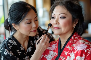 A mother and daughter share a playful beauty ritual with the daughter doing her mother s makeup