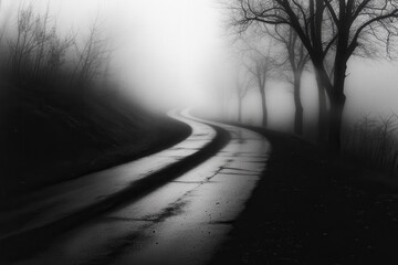 Abandoned Road Through Fog: A long, empty road disappearing into thick fog