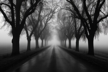 Obraz premium Abandoned Road Through Fog: A long, empty road disappearing into thick fog