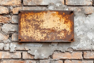 Naklejka premium A square rusty metal plate is fastened to light brickwork with seams filled with mortar creating space for a text
